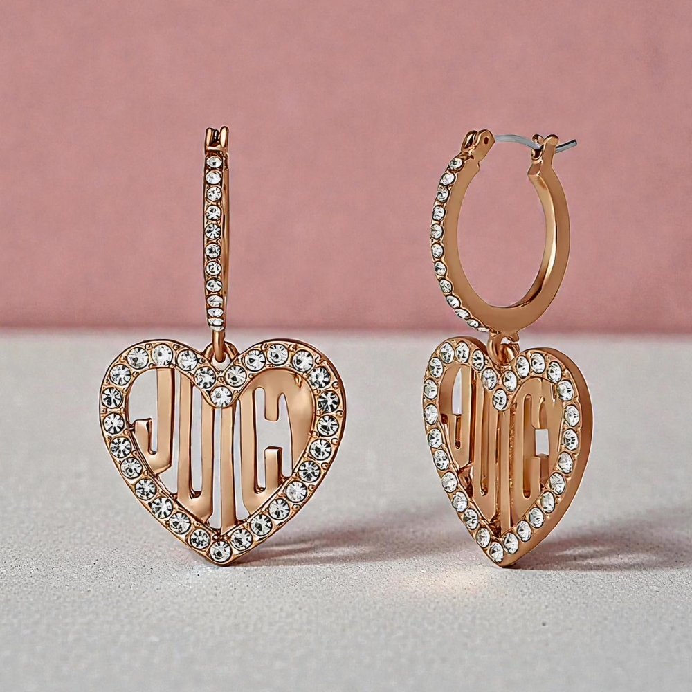 NEW Juicy Couture Rose Gold Crystal Heart Drop Earrings Length 1.80" NWT